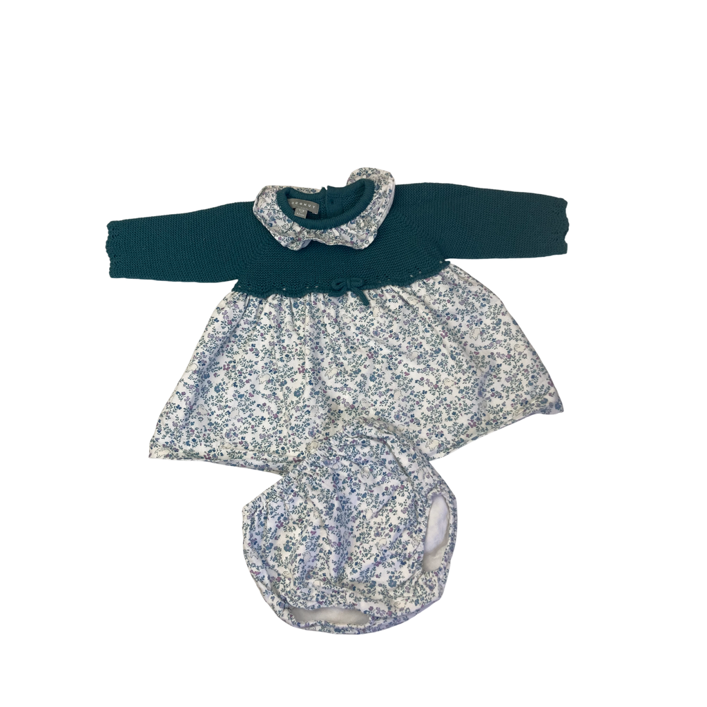 1-3M Teal & Cream Floral Knit Bolero Dress & Bloomer - Coconut