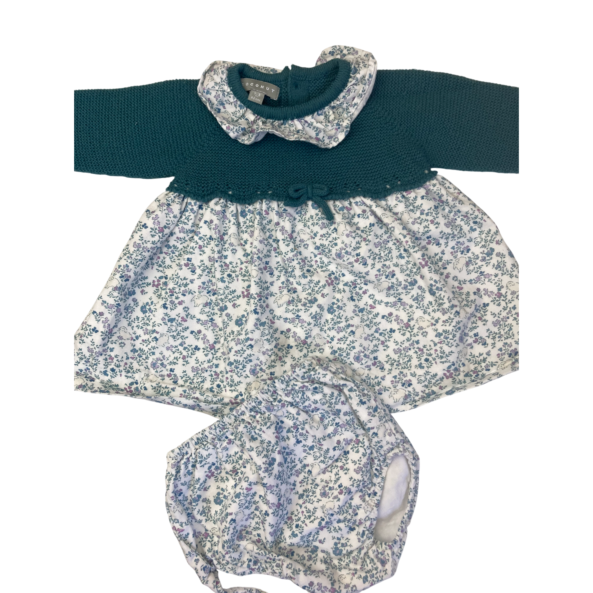 1-3M Teal & Cream Floral Knit Bolero Dress & Bloomer - Coconut