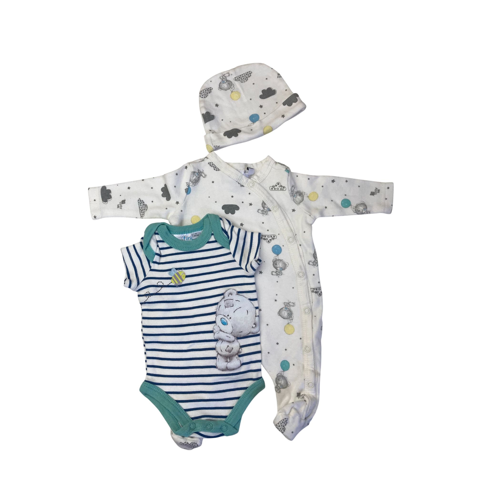 Newborn Cream, Blue & Grey Tatty Teddy Onesie, Bodysuit & Beanie