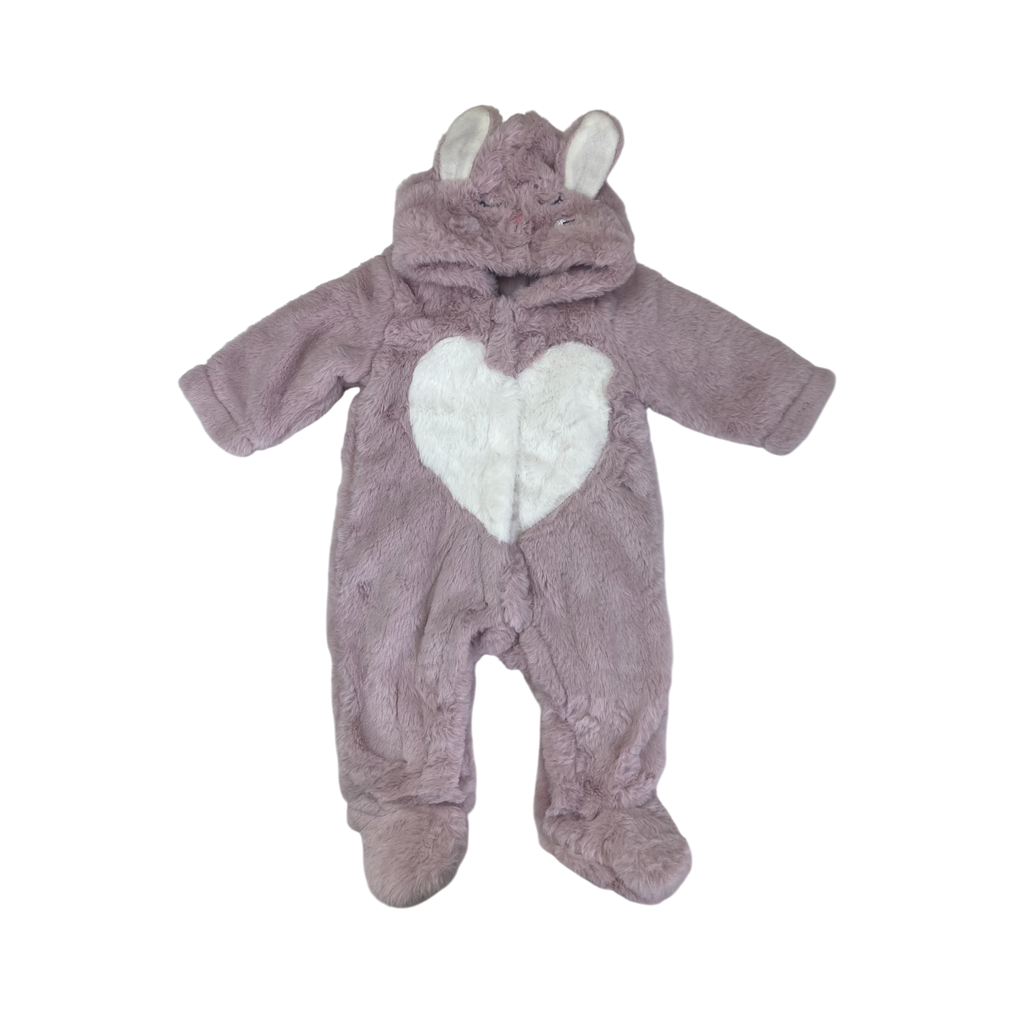 0-3M Mauve & White Fleece Heart Lined Thick Bunny Onesie - Ackermans