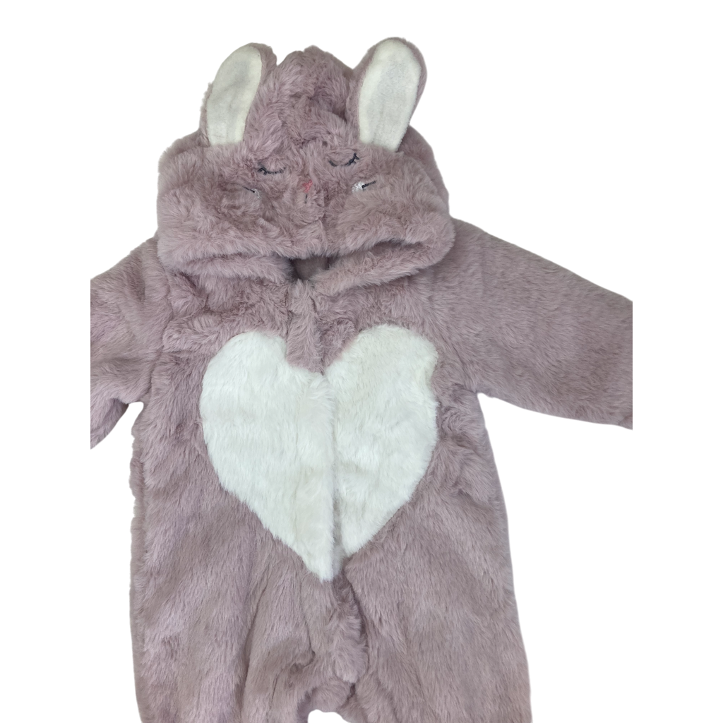 0-3M Mauve & White Fleece Heart Lined Thick Bunny Onesie - Ackermans
