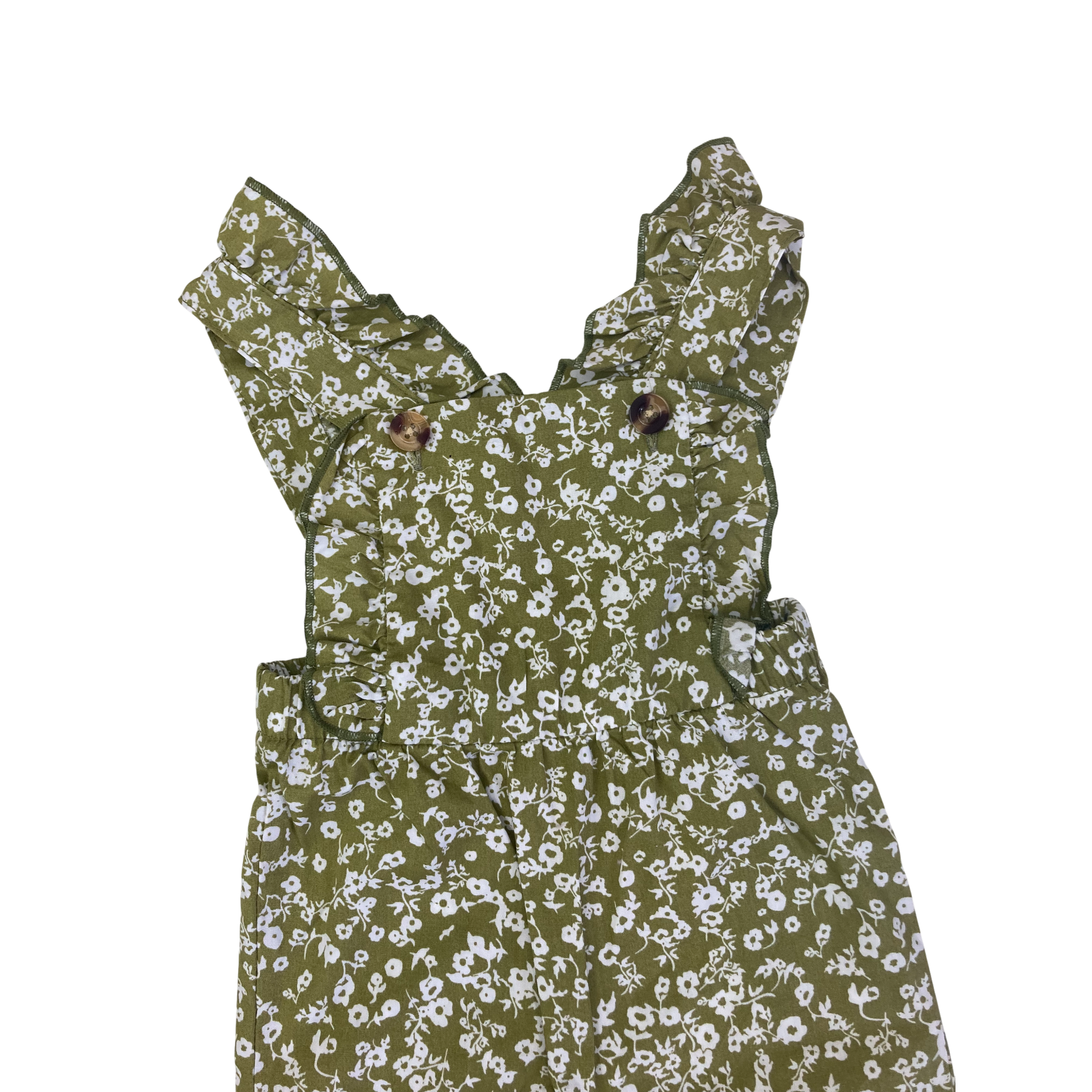 0-3M Green & White Floral Cotton Frill Overalls - Clicks