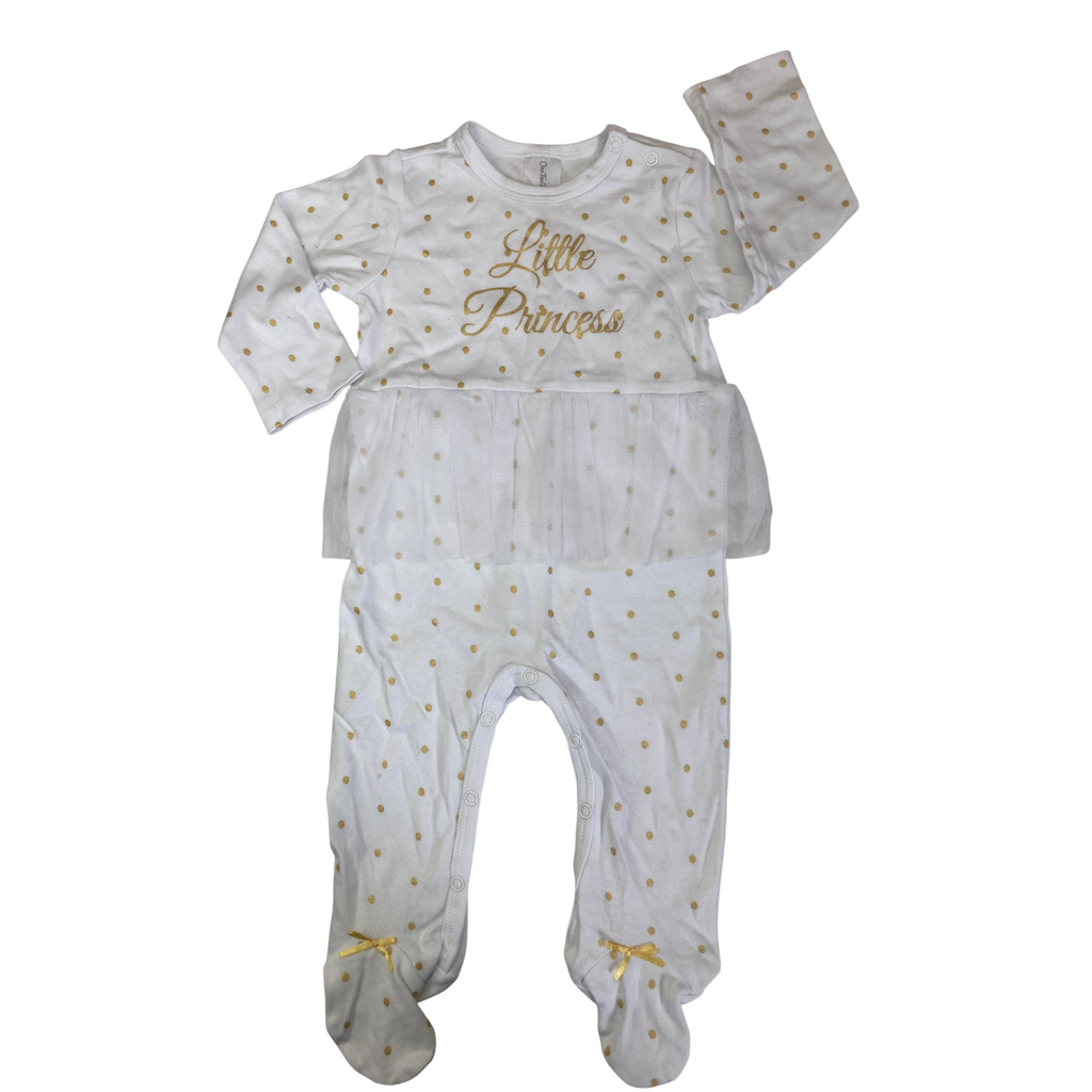 6-9M White & Gold Dotted "Little Princess" Tulle Onesie - OneTwoThree