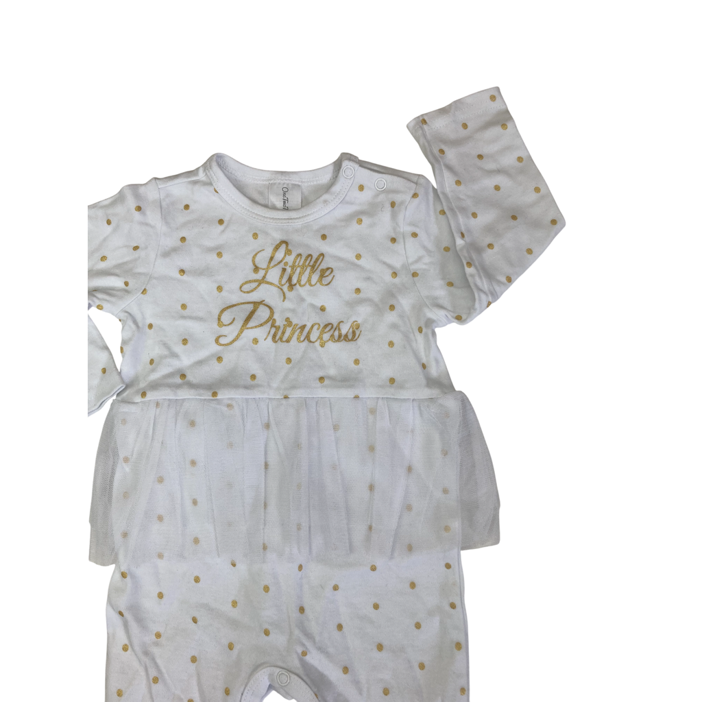 6-9M White & Gold Dotted "Little Princess" Tulle Onesie - OneTwoThree