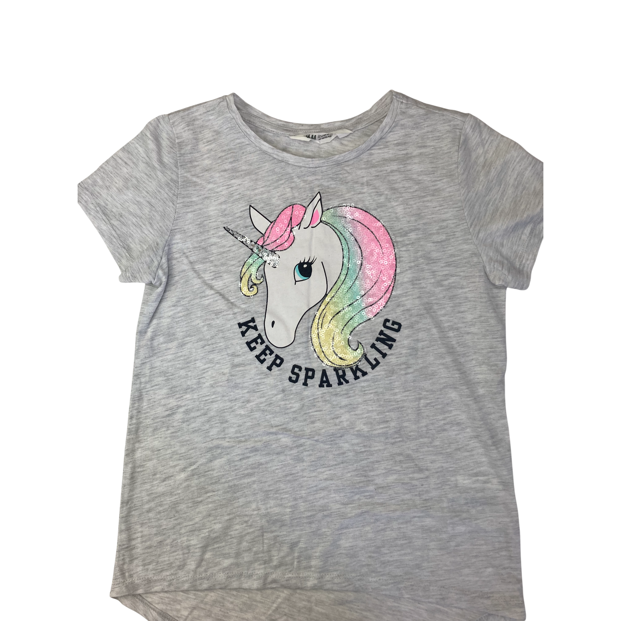 US 10-12Y Grey Sequinned Unicorn Hi Low T Shirt - H&M