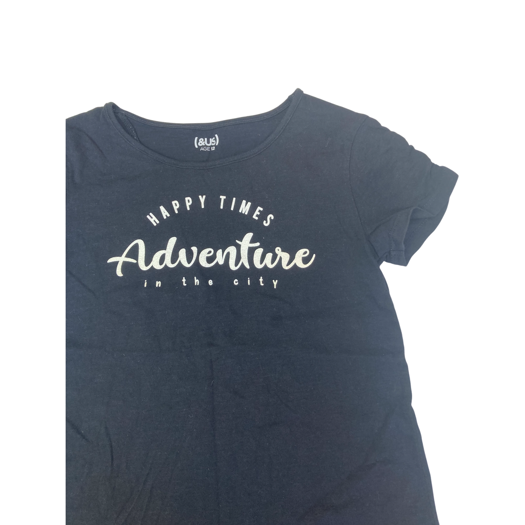 12Y Black Glitter Graphic T Shirt With Chiffon Back - (& US)
