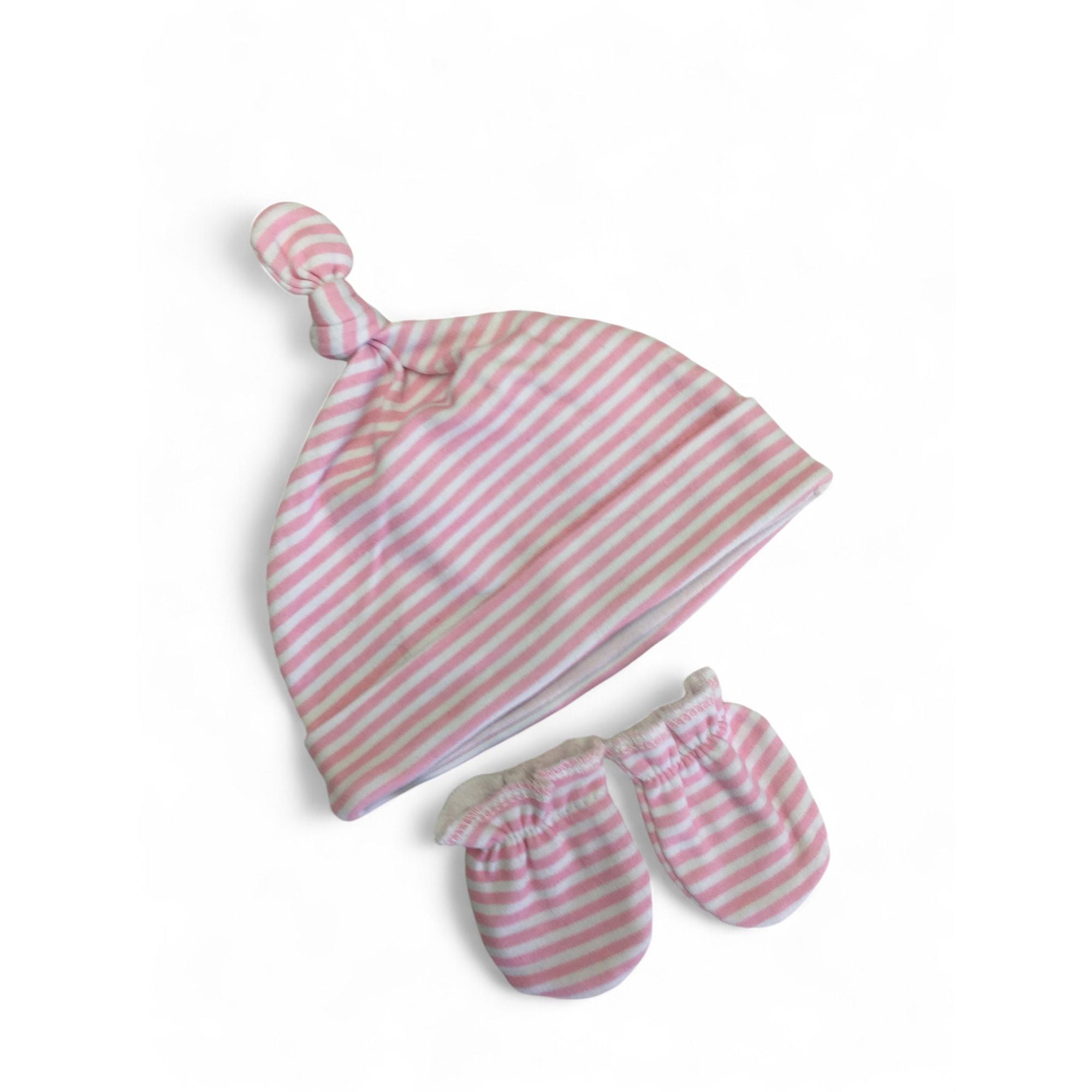 0-6M Pink Stripe Knotted Beanie & Mittens Set