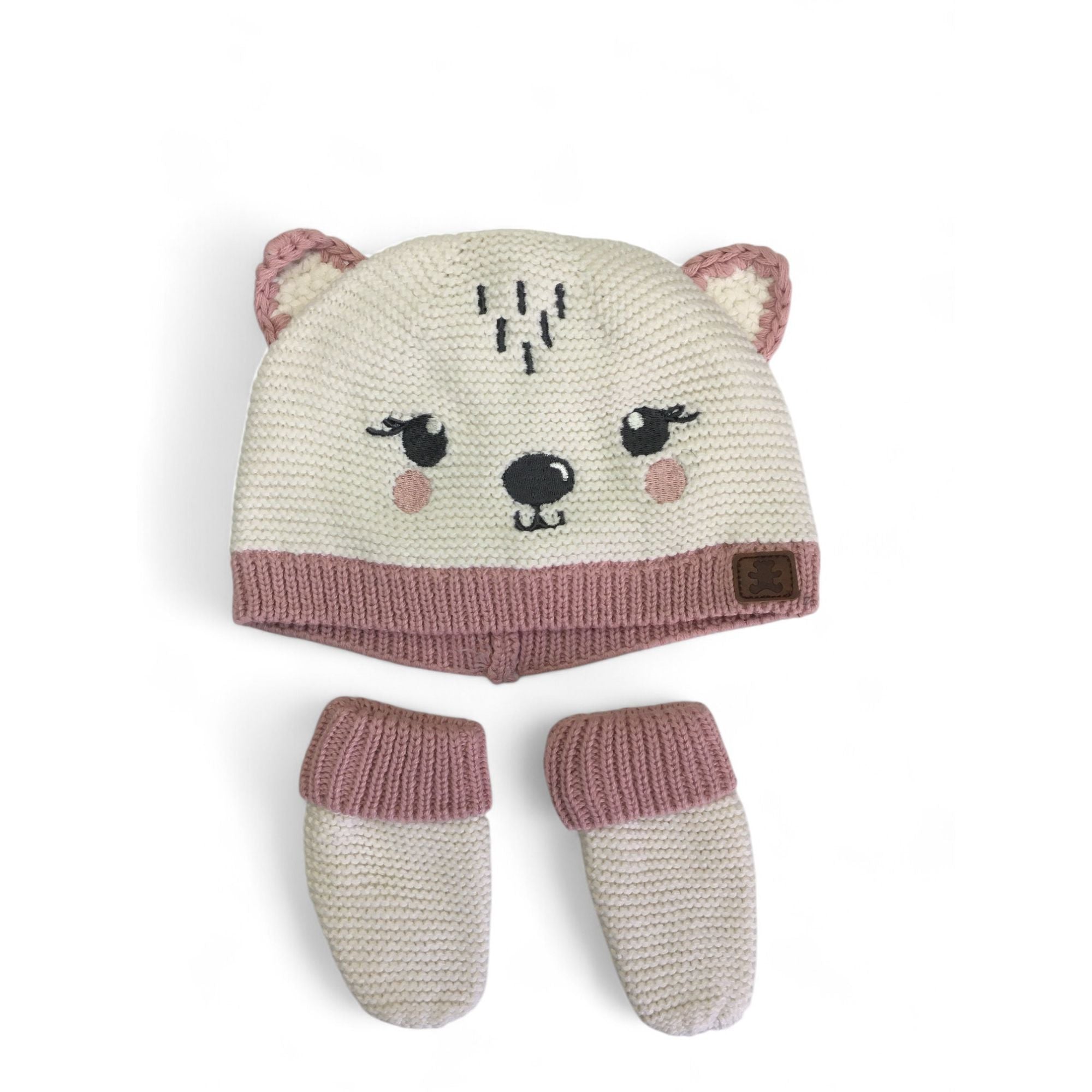 3-6M Cream & Pink Bear Knit Beanie & Mittens - Woolworths