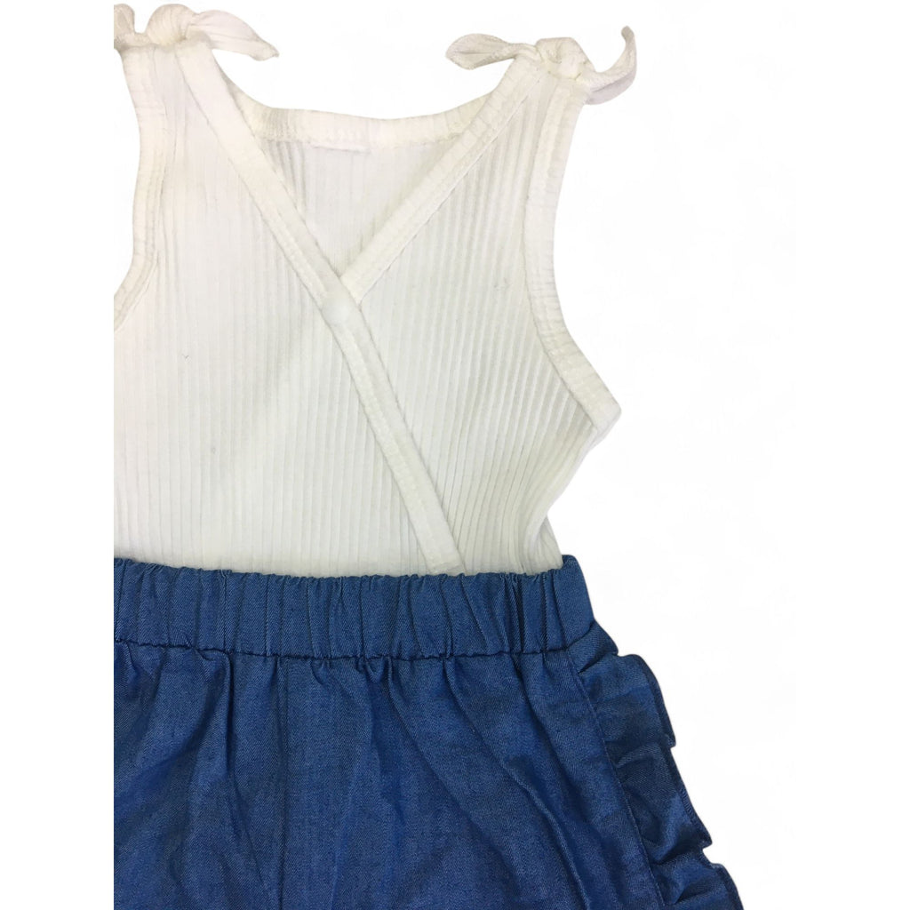 3-6M Cream Ribbed & Denim Sleeveless Romper