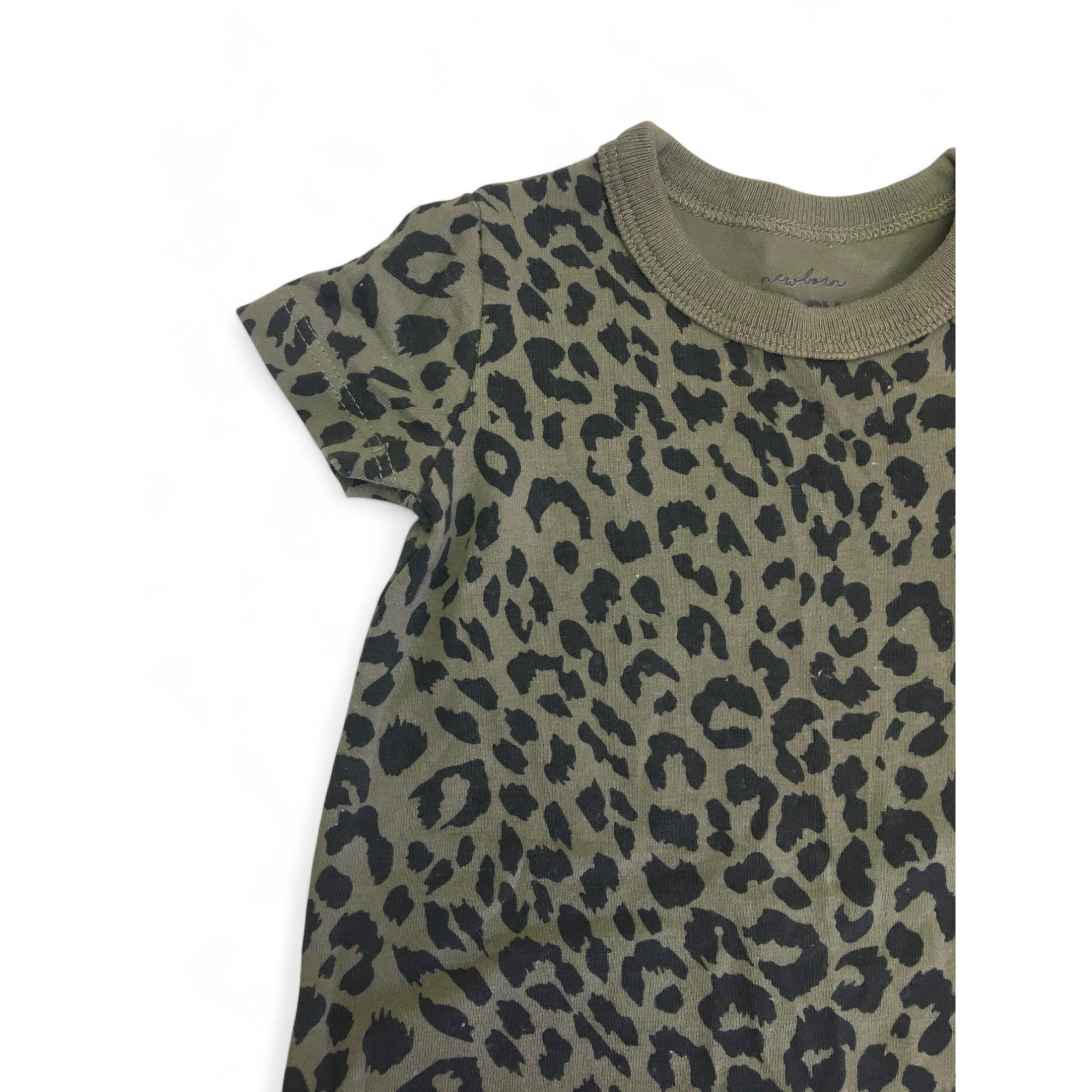 Newborn Moss Green & Black Leopard Print Romper - Cotton On