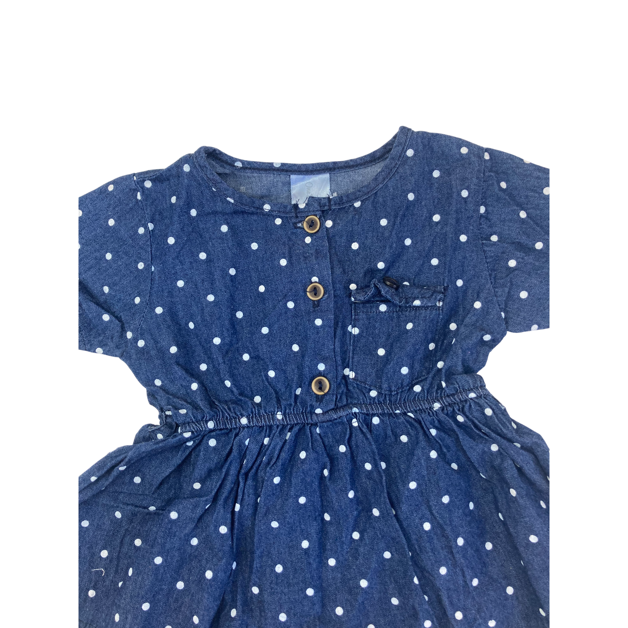 3-6M Dark Blue Denim & White Dotted Half Button Tunic - OneTwoThree