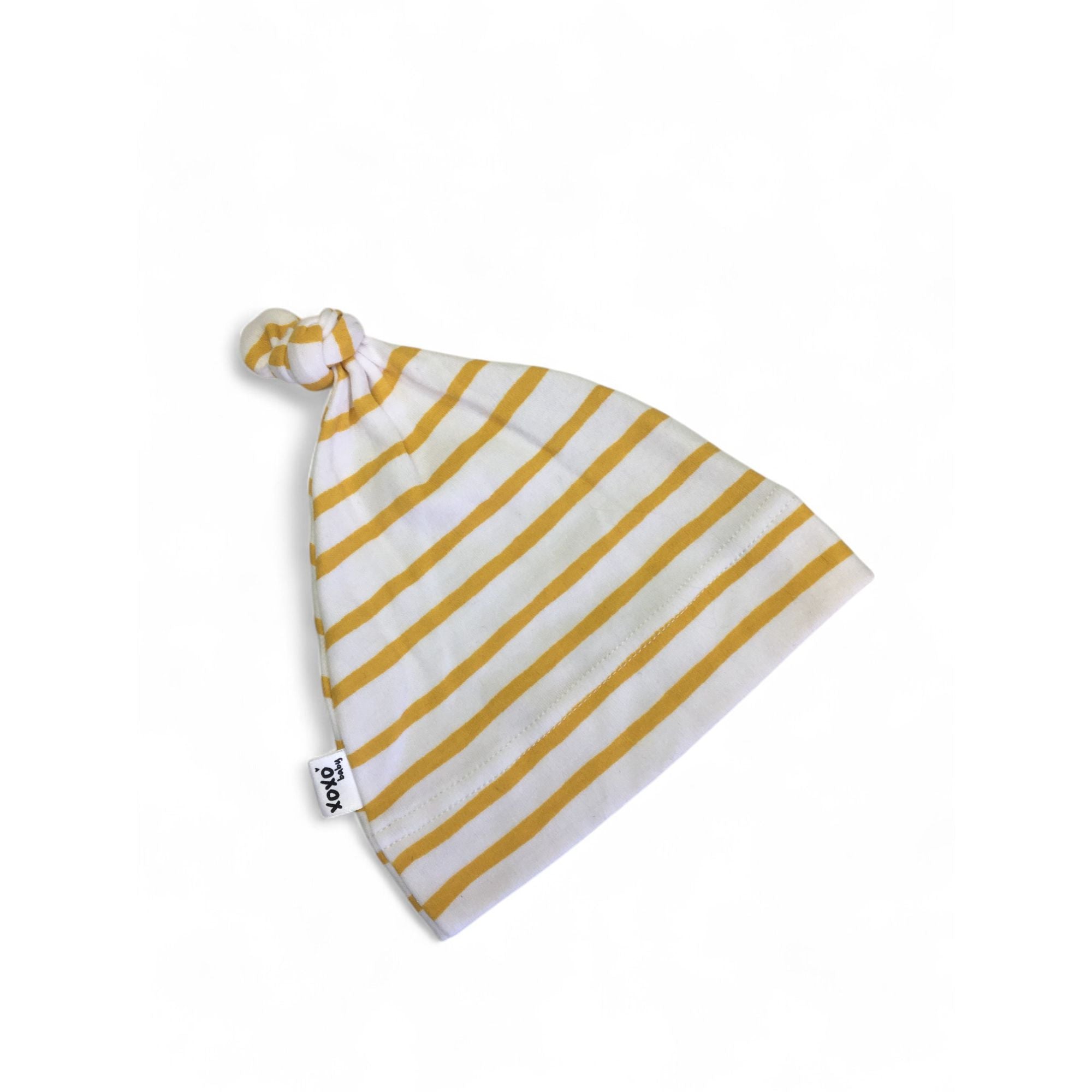0-3M White & Mustard Stripe Knotted Beanie - XOXO Baby