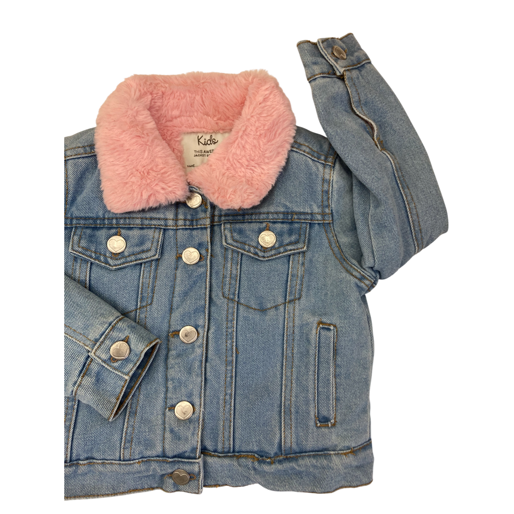 4Y Light Blue & Pink Fleece Collar Denim Jacket - Woolworths