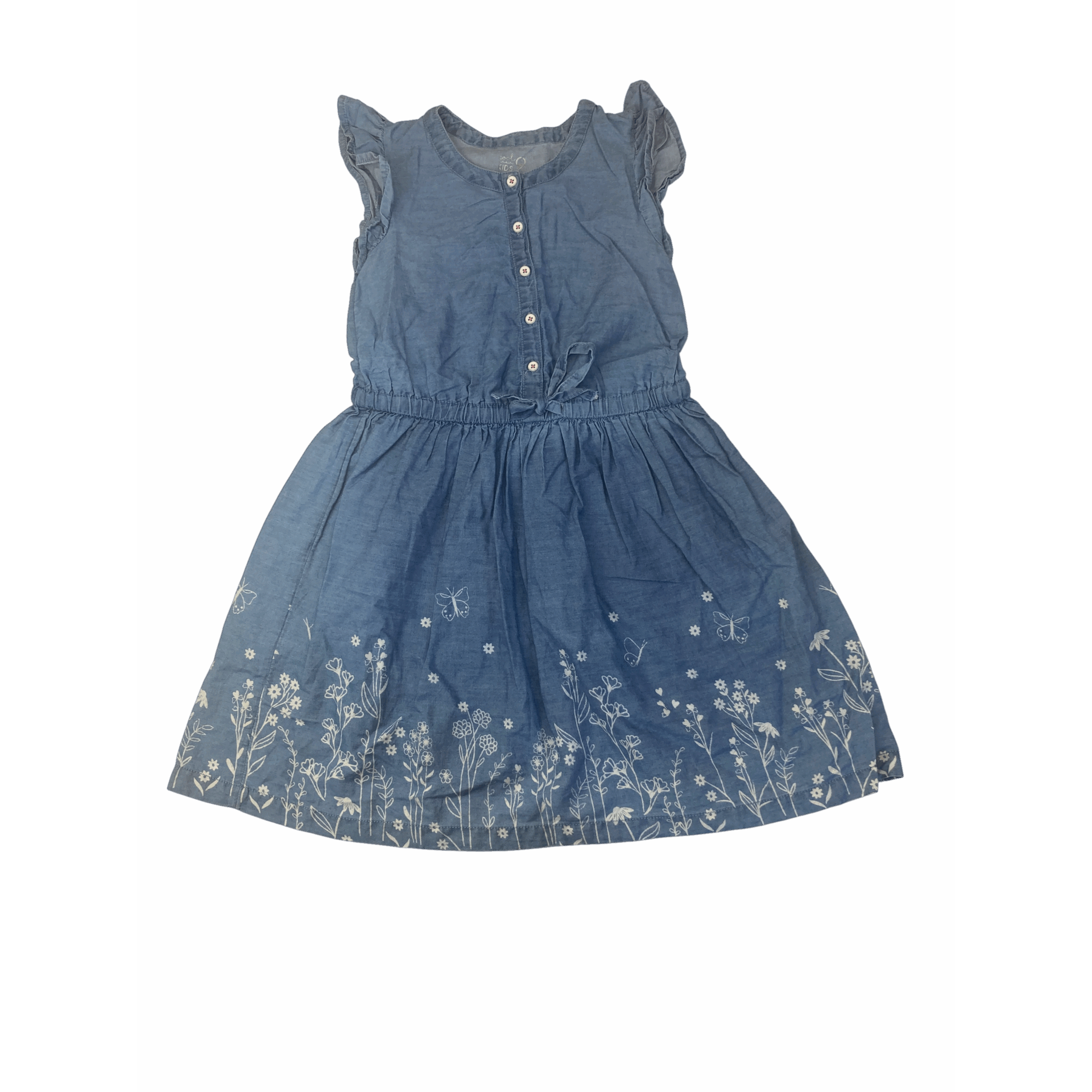 9Y Light Blue Denim & White Floral Half Button Easywaist Dress