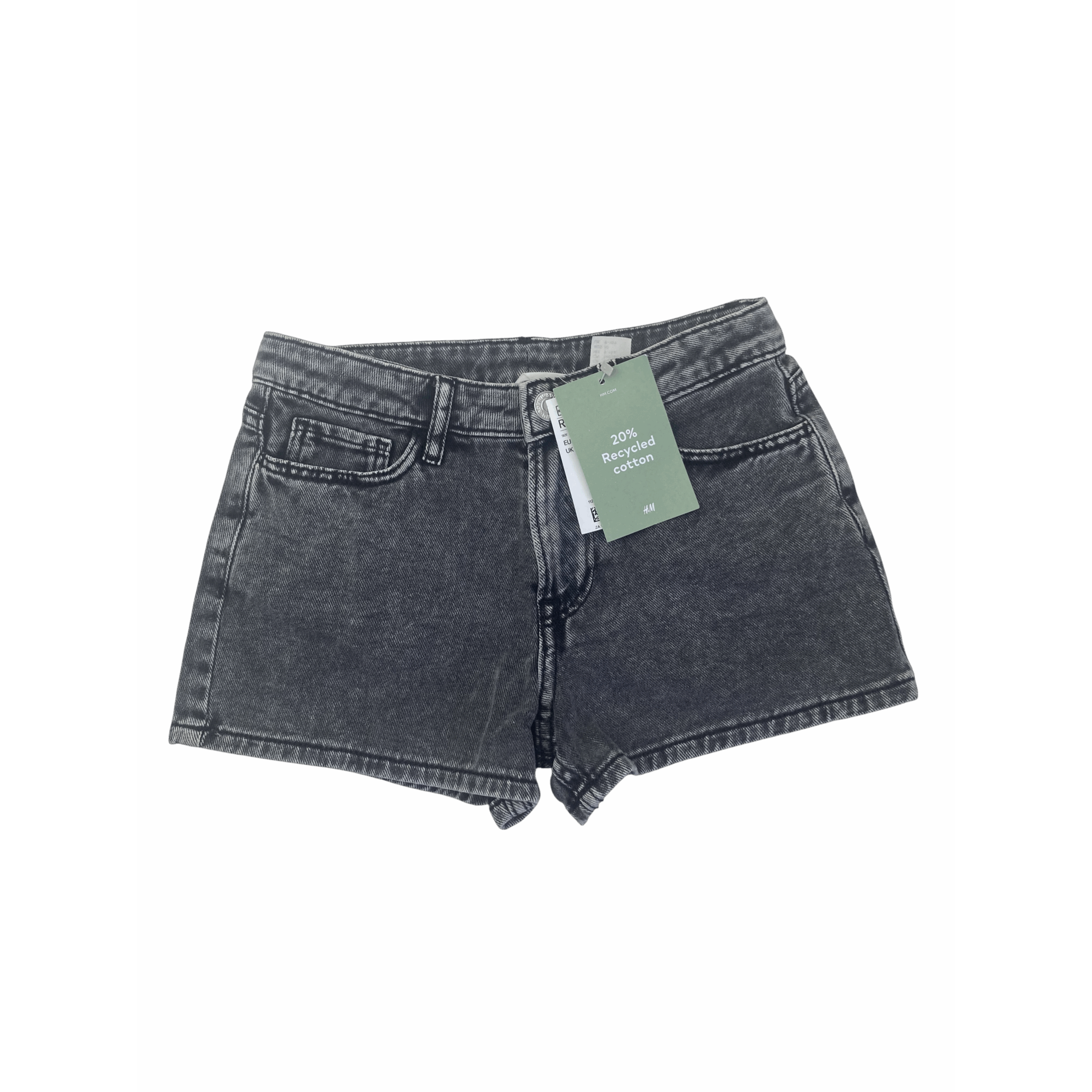 UK 9-10Y Black Relaxed Fit Adjustable Waist Denim Shorts - H&M