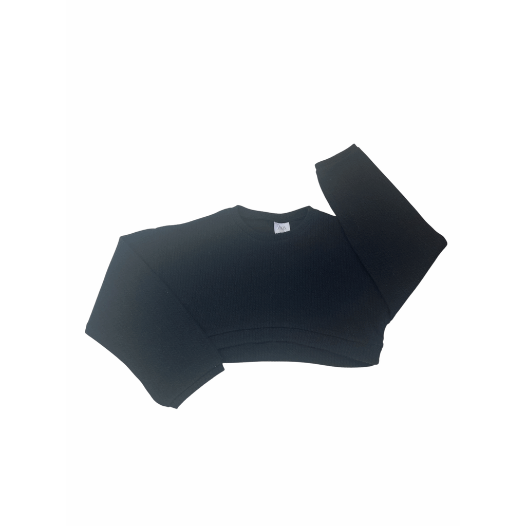 8Y Black Waffle Knit Cropped Sweater - Zara