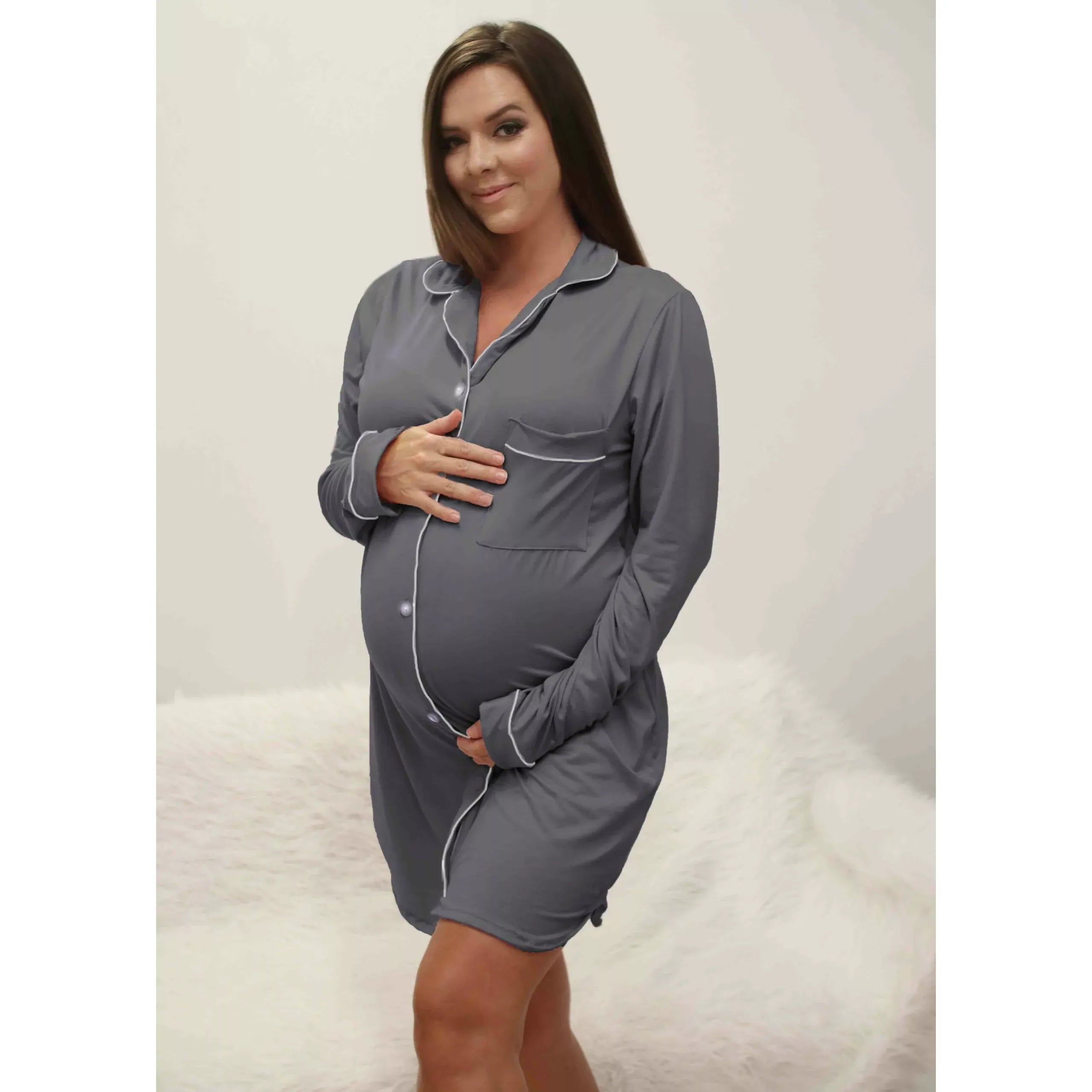 Size 40 Grey Melange Buttoned Sleepwear Dress with White Piping - Hannah Grace