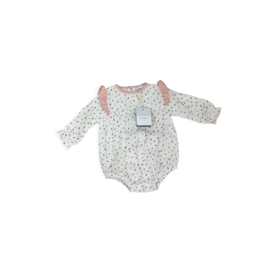 6-12M White Ditsy Floral Cotton Gauze Cuffed Sleeve Romper - Laran Jinha