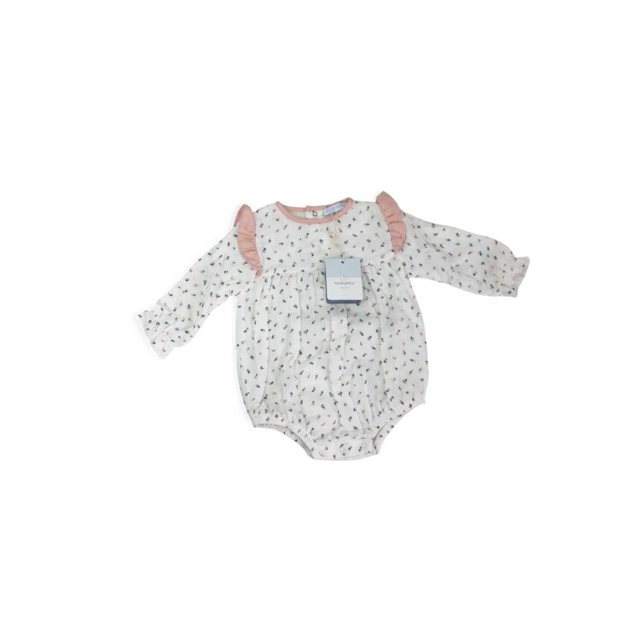 6-12M White Ditsy Floral Cotton Gauze Cuffed Sleeve Romper - Laran Jinha