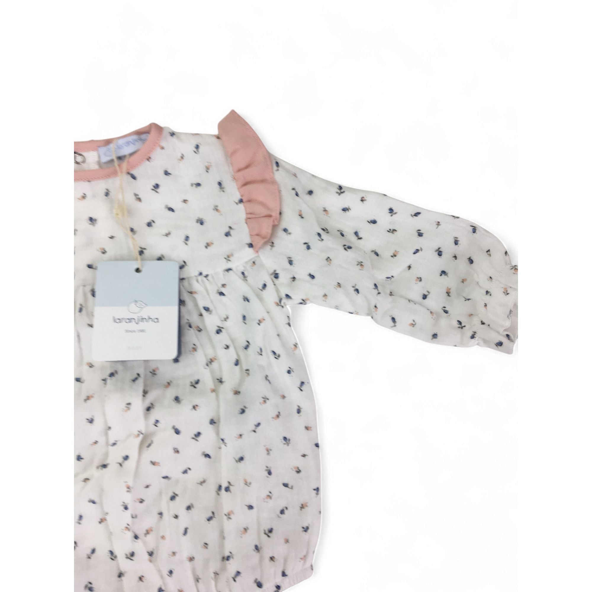6-12M White Ditsy Floral Cotton Gauze Cuffed Sleeve Romper - Laran Jinha