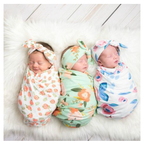 NEW! Baby Pink and Green Floral Swaddle Blanket with Headband
