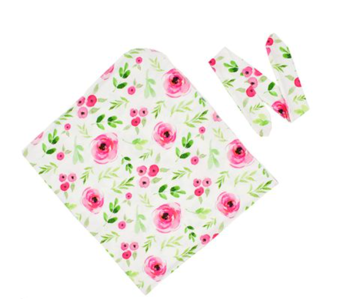 NEW! Baby Pink and Green Floral Swaddle Blanket with Headband