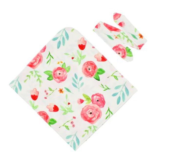 NEW! Baby Beautiful Floral Swaddle Blanket and Headband Set