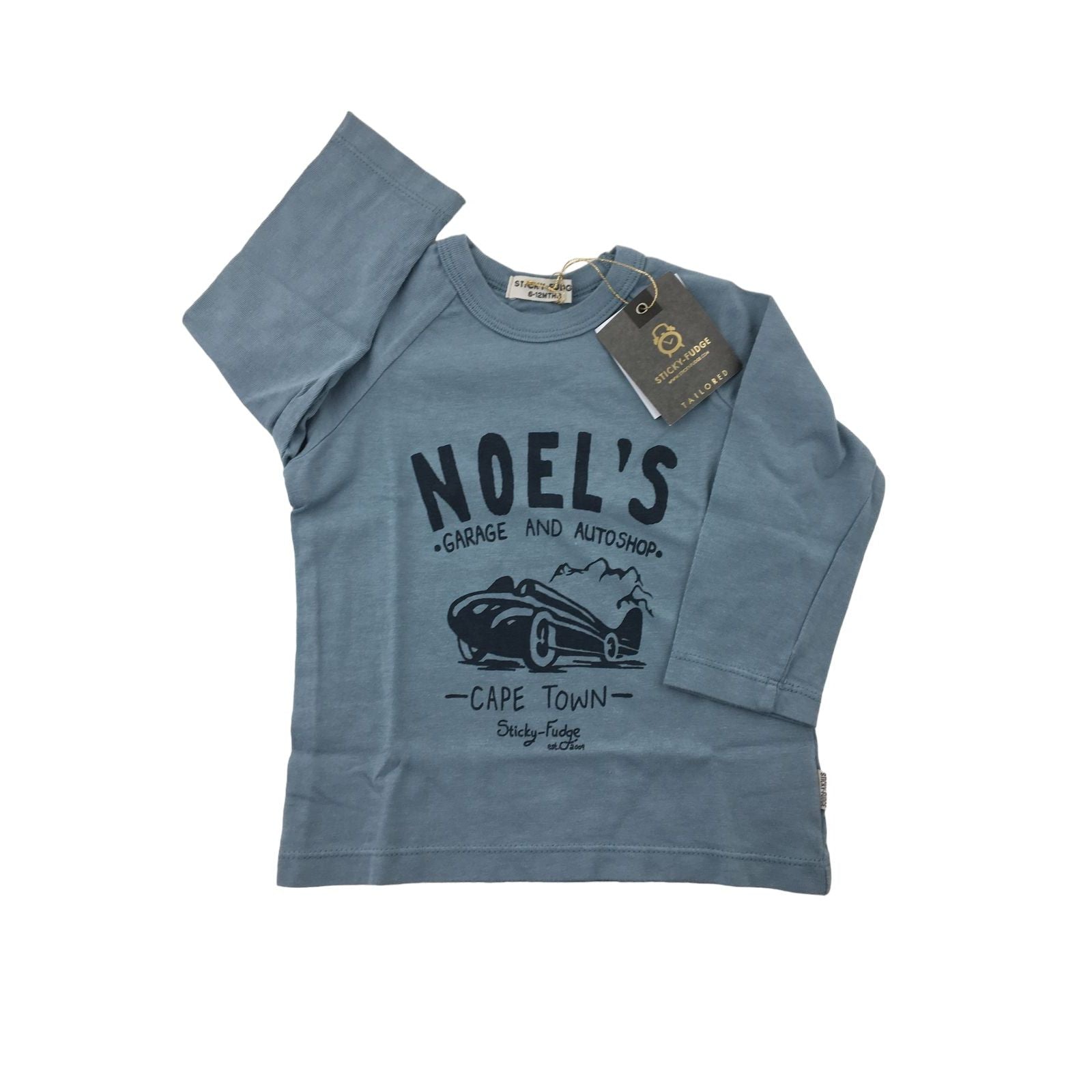 8-9Y Azure Blue "Noel's Garage" Long Sleeve T Shirt - Sticky Fudge