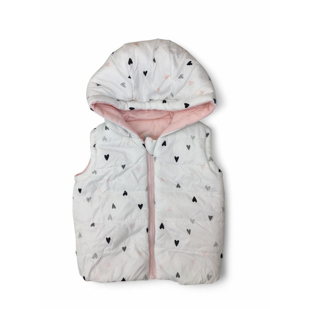 1-3M Light Pink & White Heart Reversible Hooded Bodywarmer - Woolworths