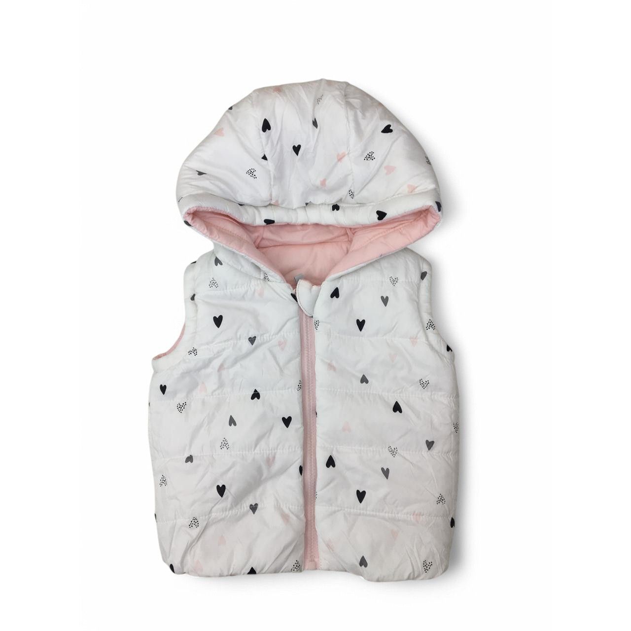 1-3M Light Pink & White Heart Reversible Hooded Bodywarmer - Woolworths