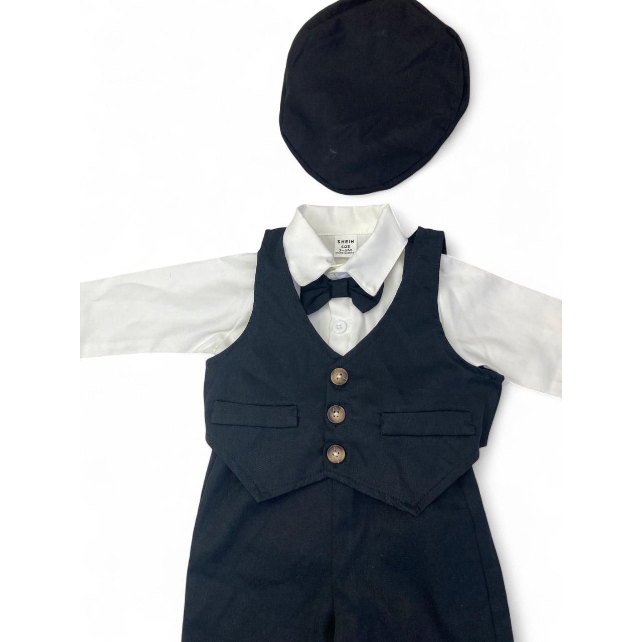 3-6M Black & Cream Shirt, Waistcoat, Pants & Hat Set - Shein