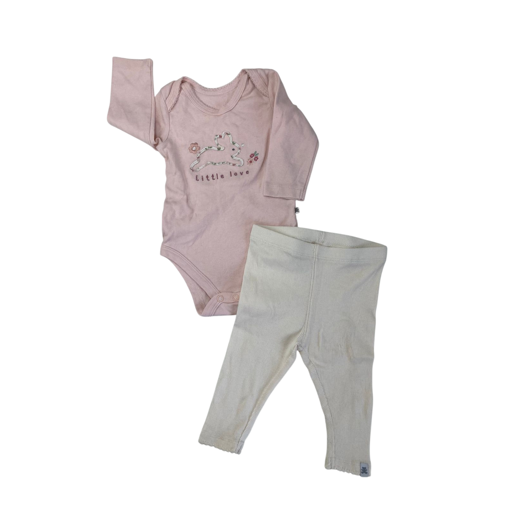 3-6M Light Pink Bunny Bodysuit & Cream Ribbed Leggings - Woolworths