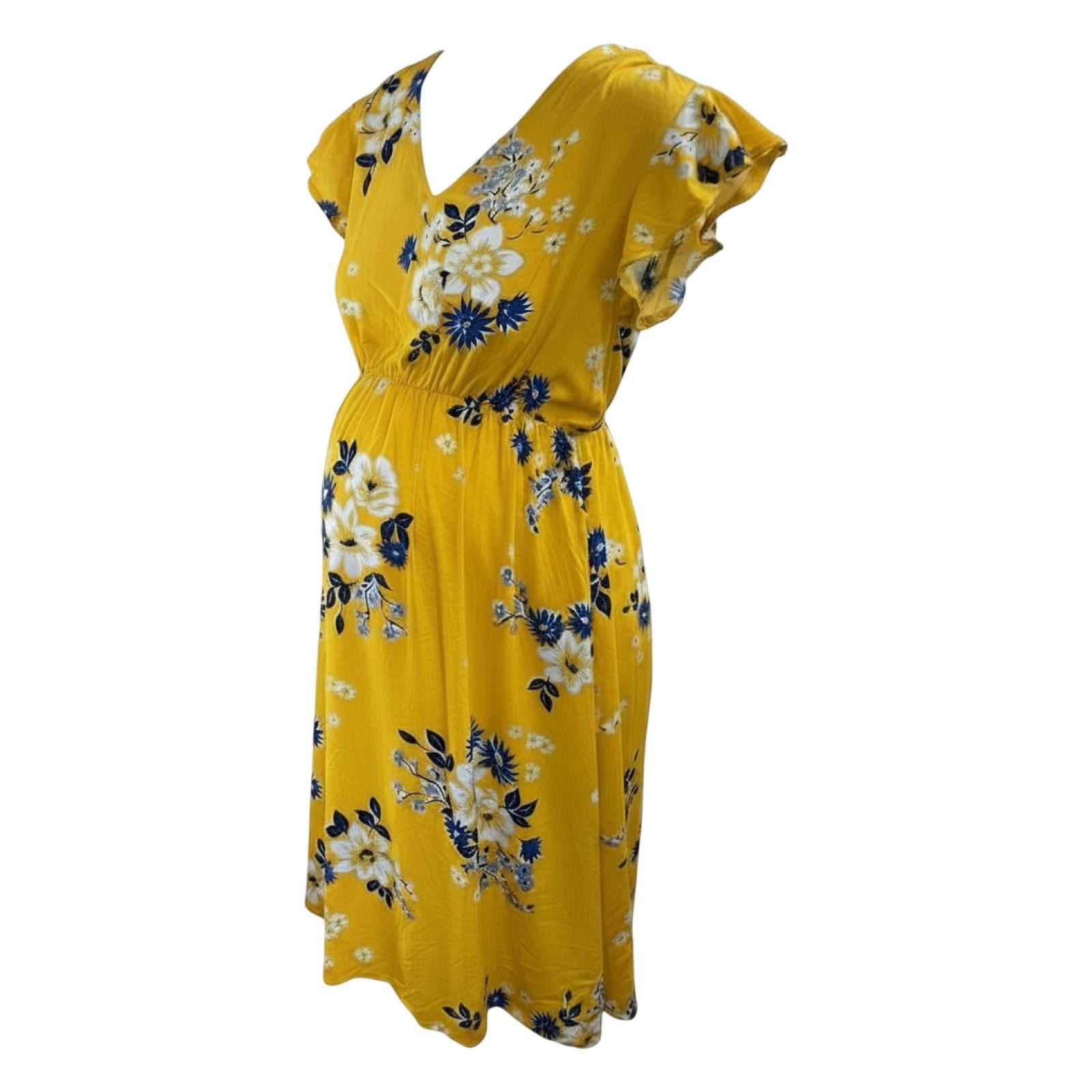 Medium - Yellow & Blue Floral Viscose Dress - Grow Maternity Wear