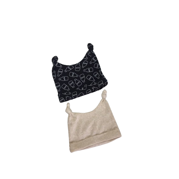 3-6M Black Milk Bottle & Beige Melange Double Knotted Beanies - Woolworths