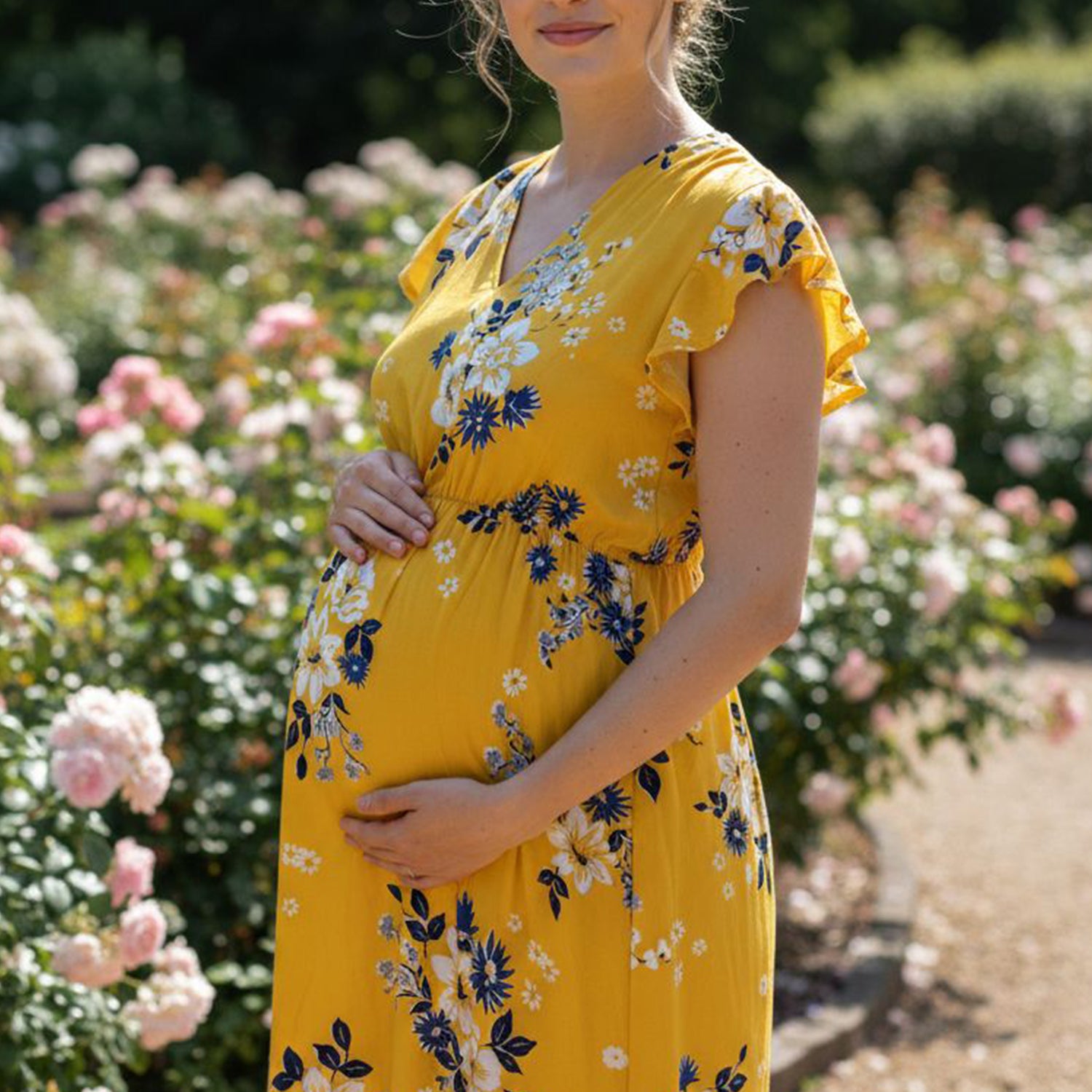Medium - Yellow & Blue Floral Viscose Dress - Grow Maternity Wear
