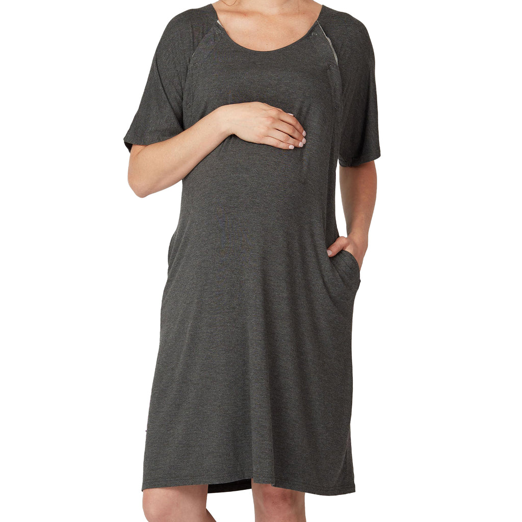 One Size - Dark Grey Viscose Maternity & Nursing Labour Gown - Frida
