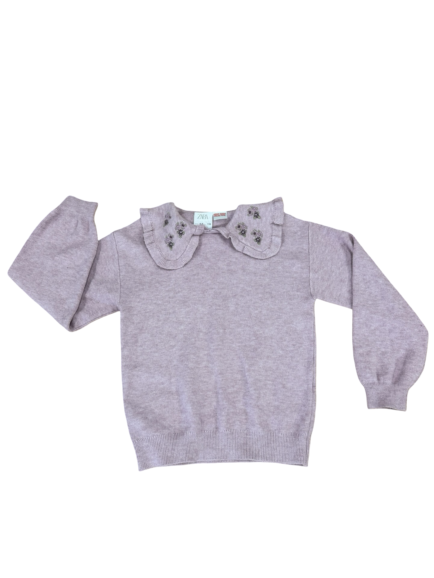 5-6Y Mauve knitted sweater with classic collar & flower detail - Zara