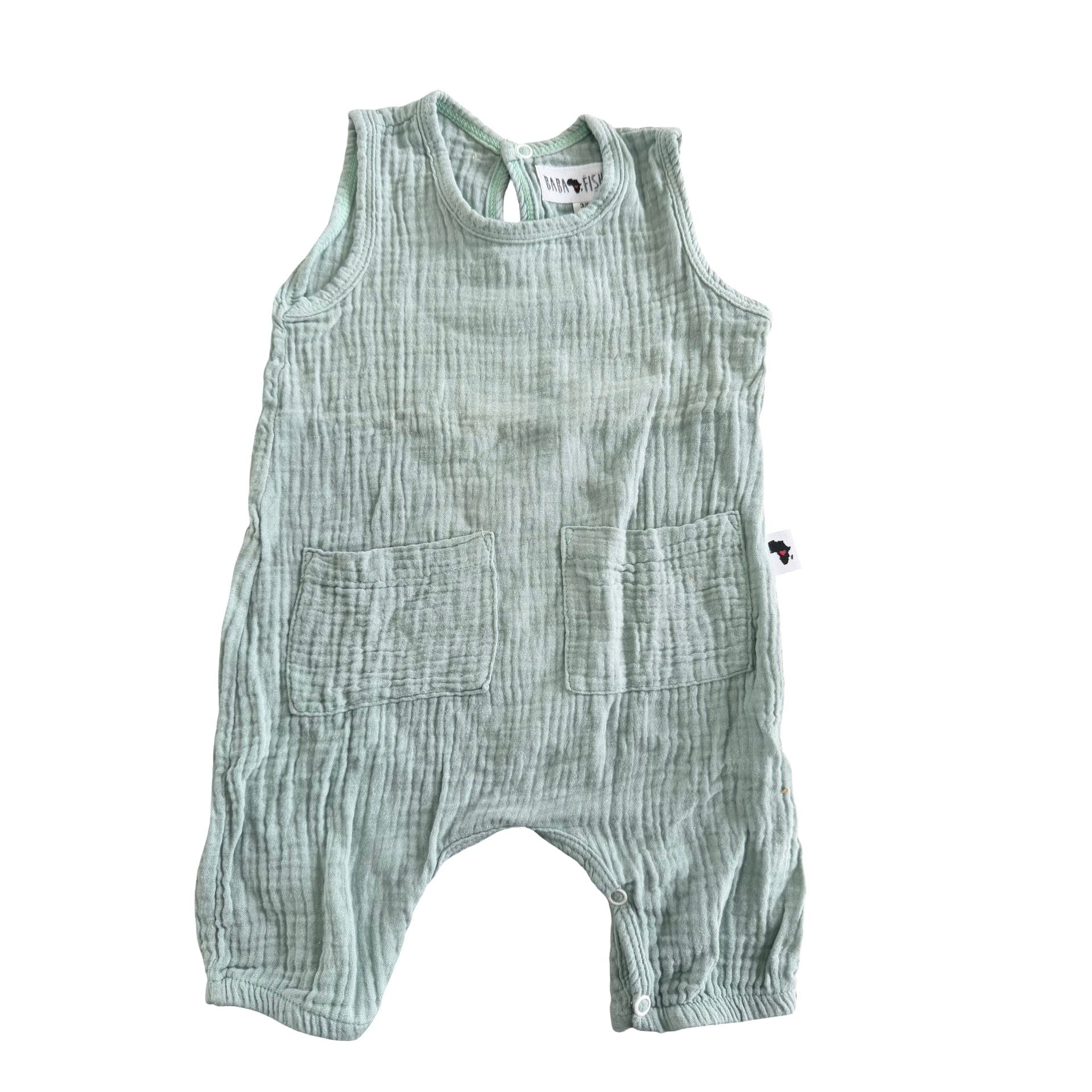 3-6M Mint green cotton sleeveless romper - Baba Fishees