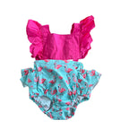 9M Cerise pink & Aqua flamingo overall romper