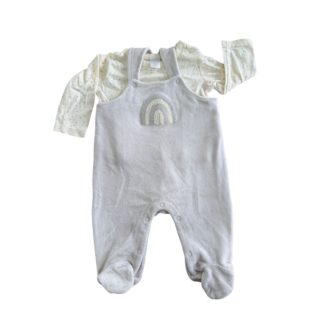 0-3M Cream & Grey rainbow velour dungaree & t-shirt set - Tiny Tots
