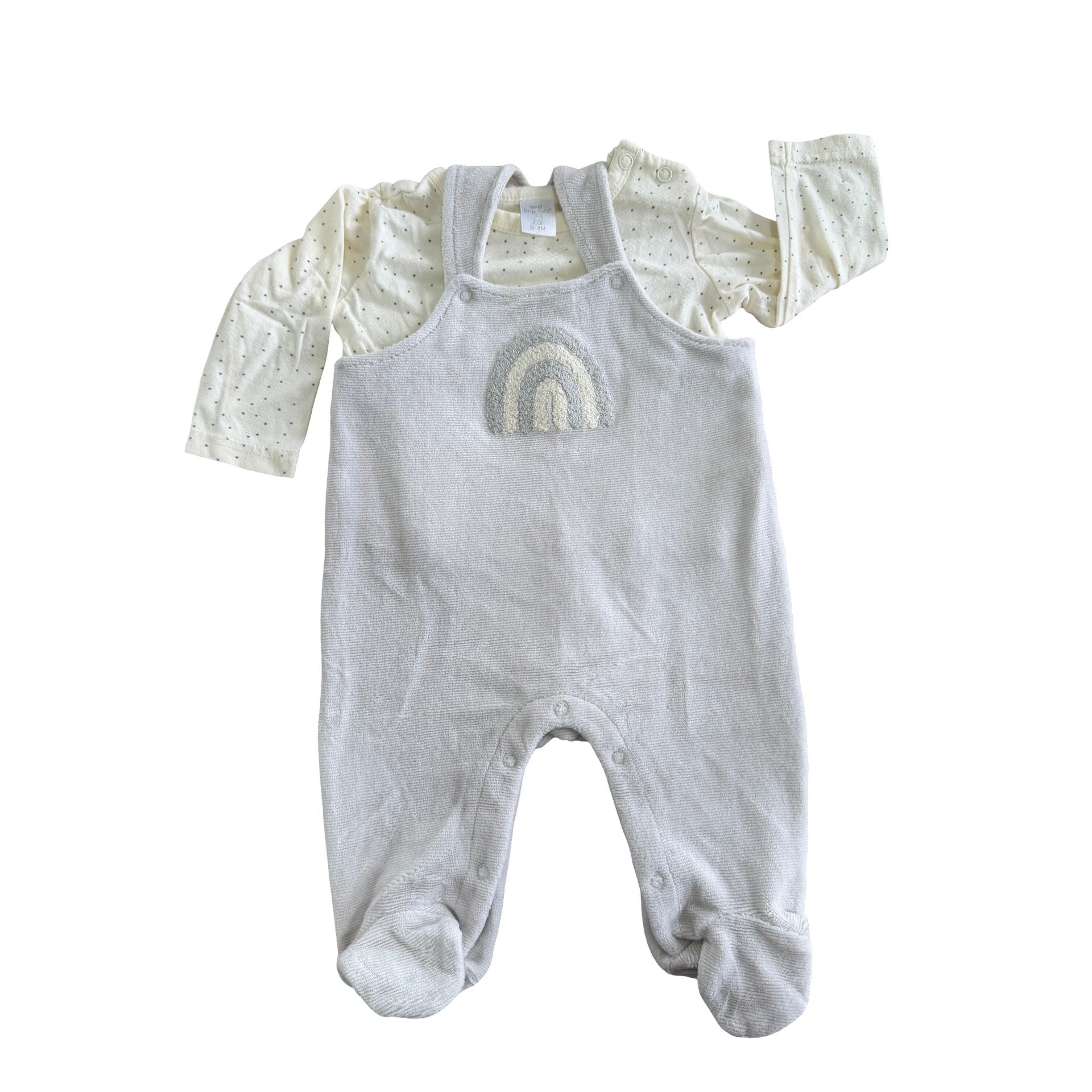 0-3M Cream & Grey rainbow velour dungaree & t-shirt set - Tiny Tots