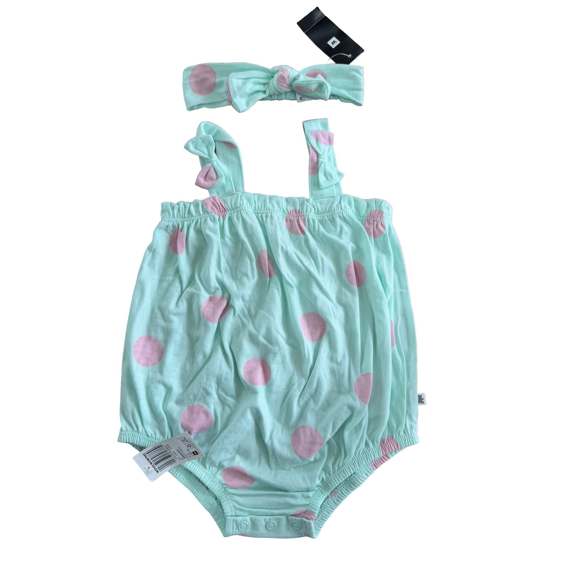 NEW 6-12M Mint green & pink dotted romper & headband - Woolworths