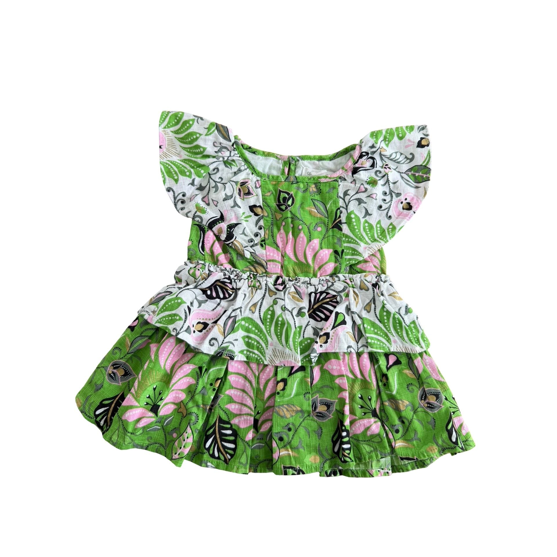 0-3M Green, pink & white fleur paisley print dress - Country Road