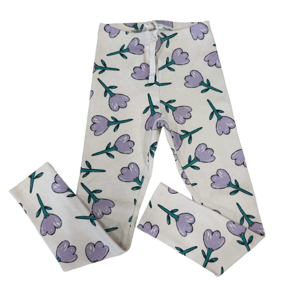 5-6Y Floral Ribbed purple & Green flower leggings - Zara
