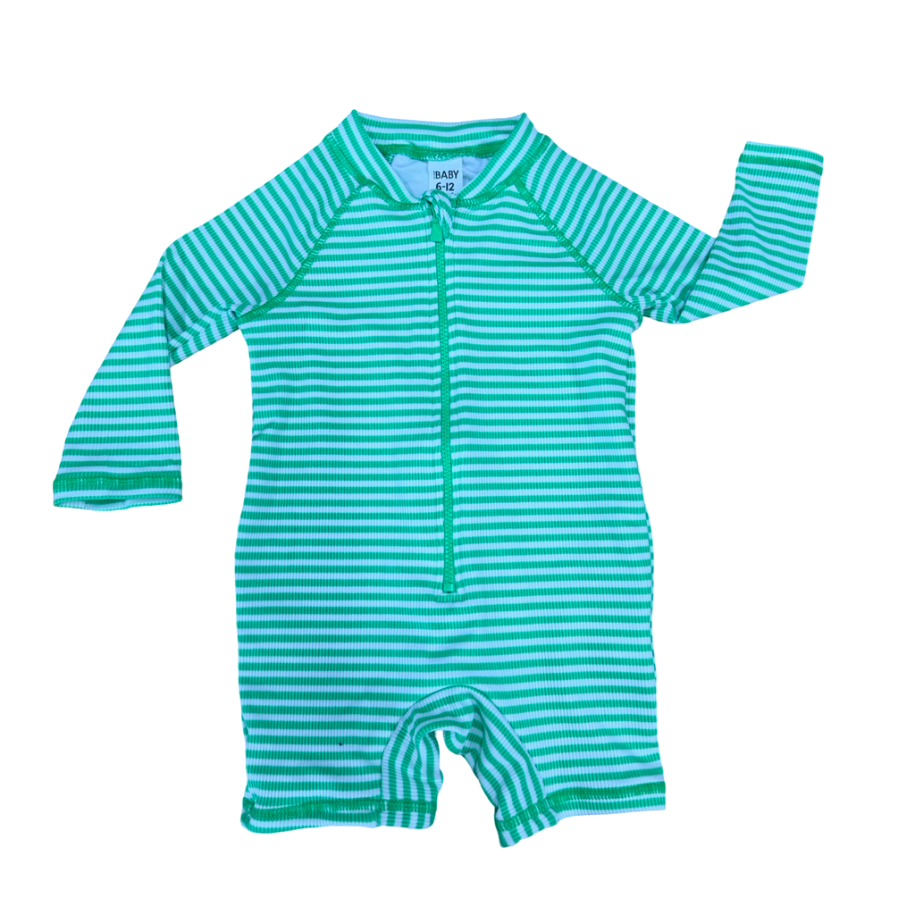 6-12M Green & white ribbed long sleeve swimsuit - Cotton On