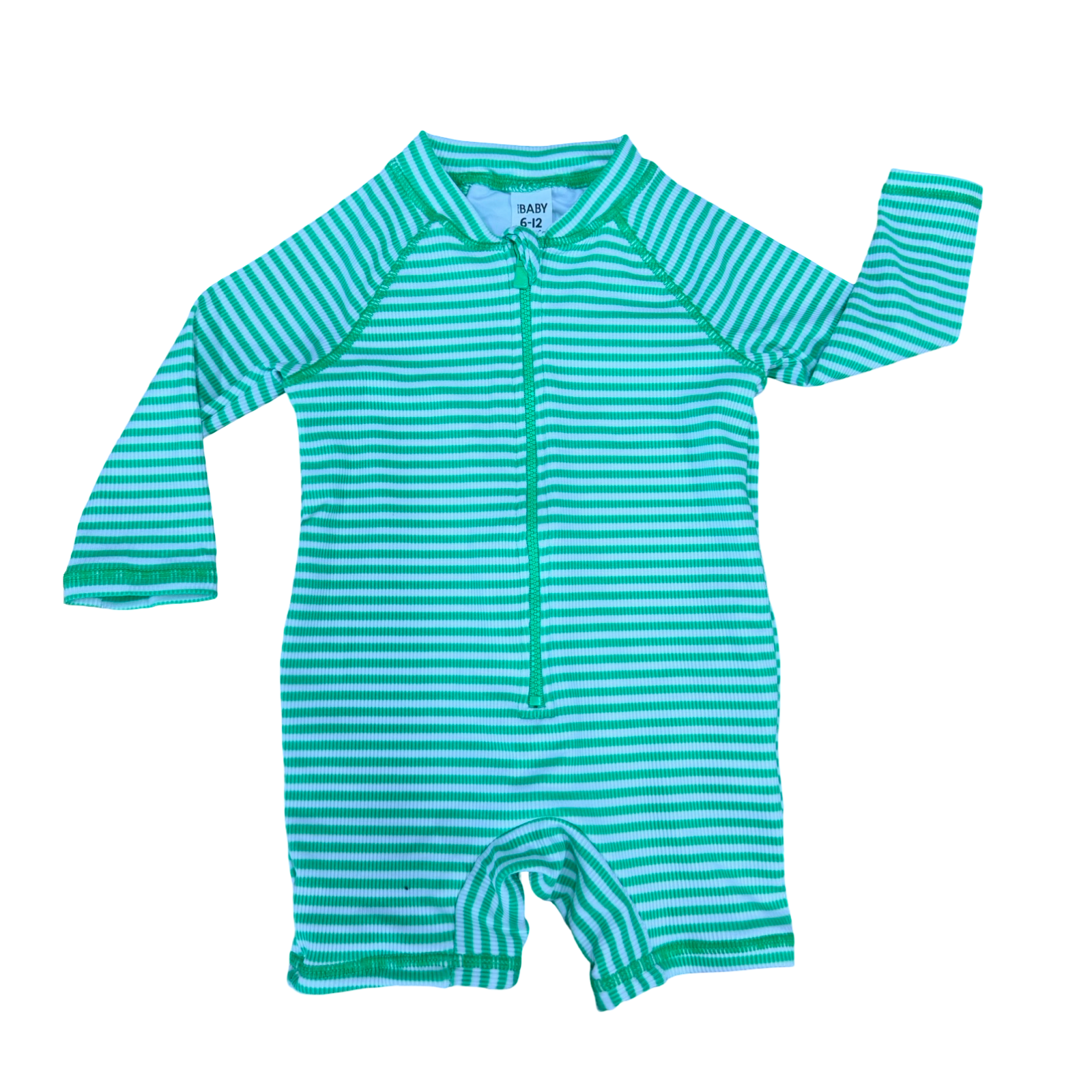 6-12M Green & white ribbed long sleeve swimsuit - Cotton On