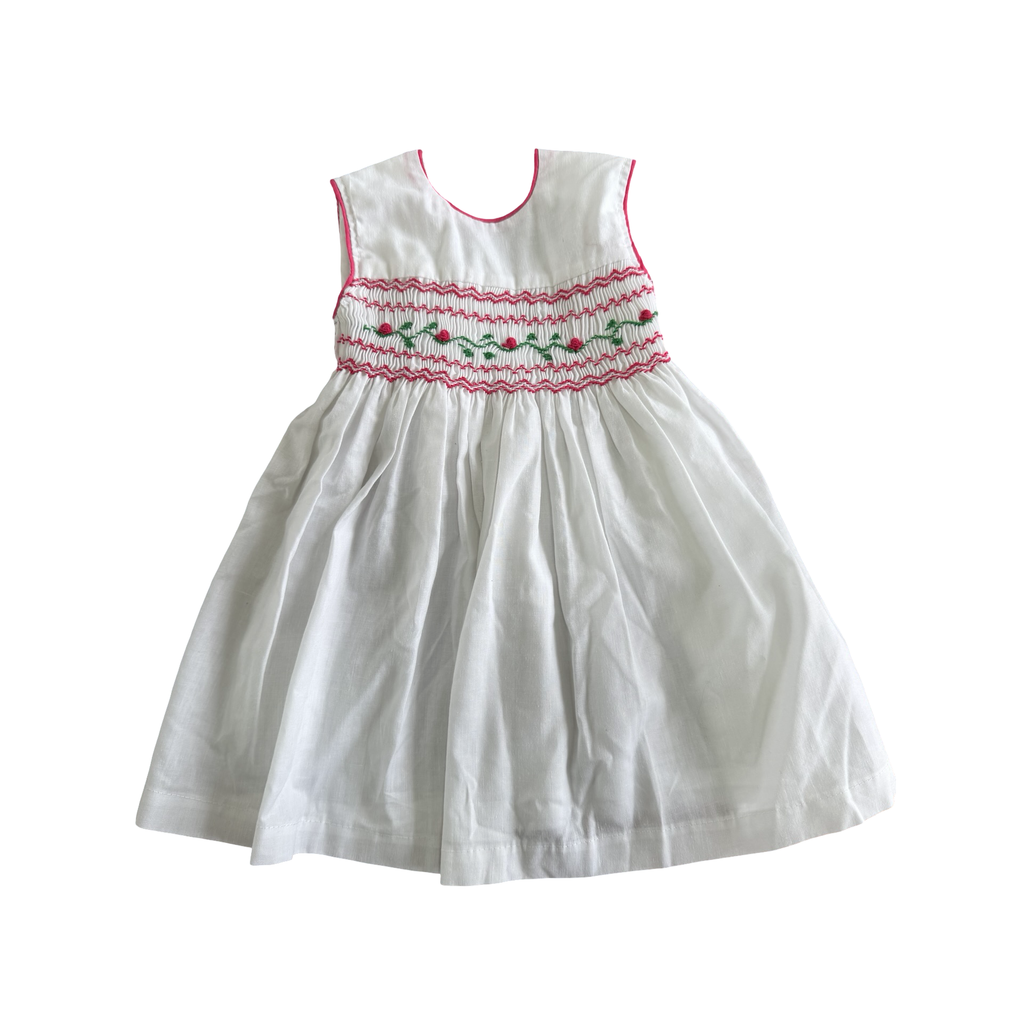 6-12M White cotton shirred rose detail cotton dress