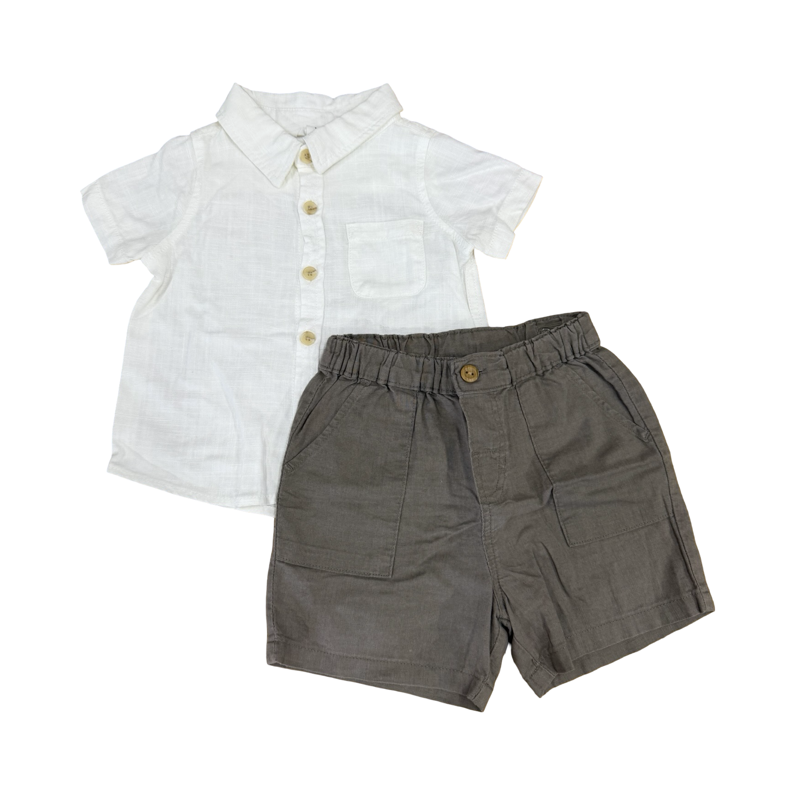 6-12M 2px Khaki shorts & off-white buttoned boys set - Cotton On