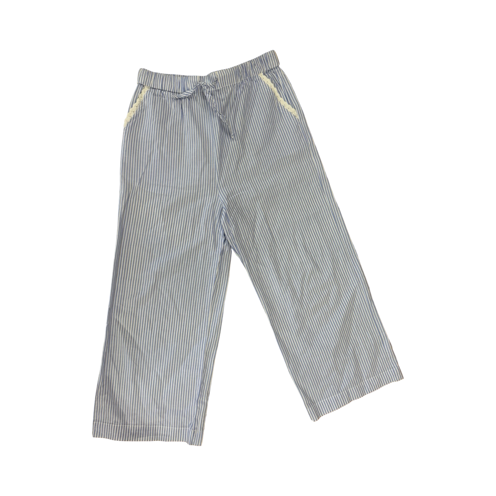 6-7Y Light Blue & White striped cotton long trousers with crochet pocket detail - Cotton On