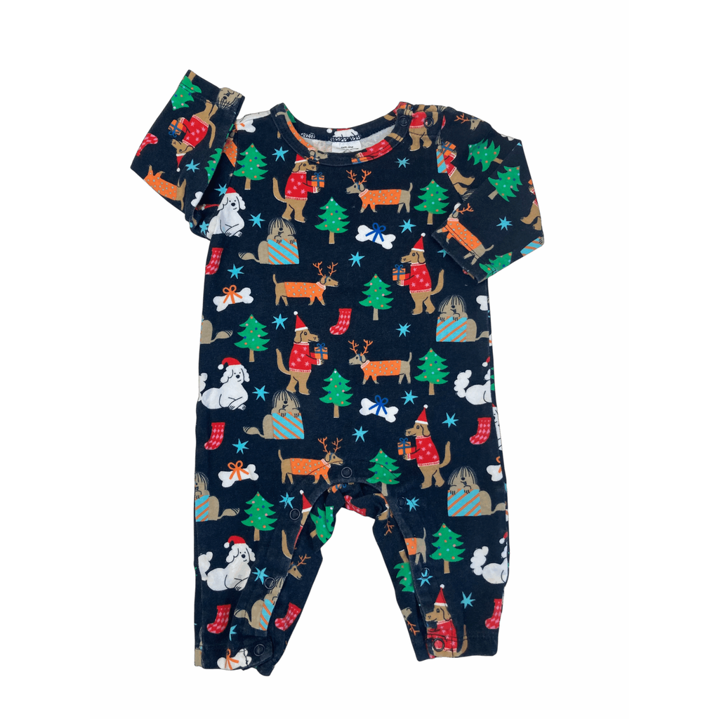 0-3M Navy Blue Puppy Christmas Footless Onesie - Cotton On